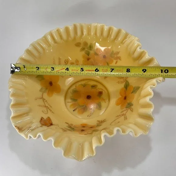 VTG Fenton Honey Amber Floral Butterfly 7224 Brides Bowl 10" Ruffled Edge 80's